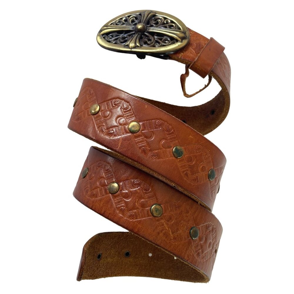 Linea Pelle Women's Belt Medium Brass Buckle Studs Tooled Leather Boho Western